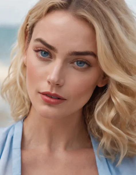 Margot Robbie,(beautiful and bold, seductive and attractive, blue eyes, , long curly golden hair, sweaty body, open shirt, short shorts, thick legs). (Sexy makeup， cinematic effect), (Best quality, masterpiece, depth of field, Full HD, 4K, richness of deta...