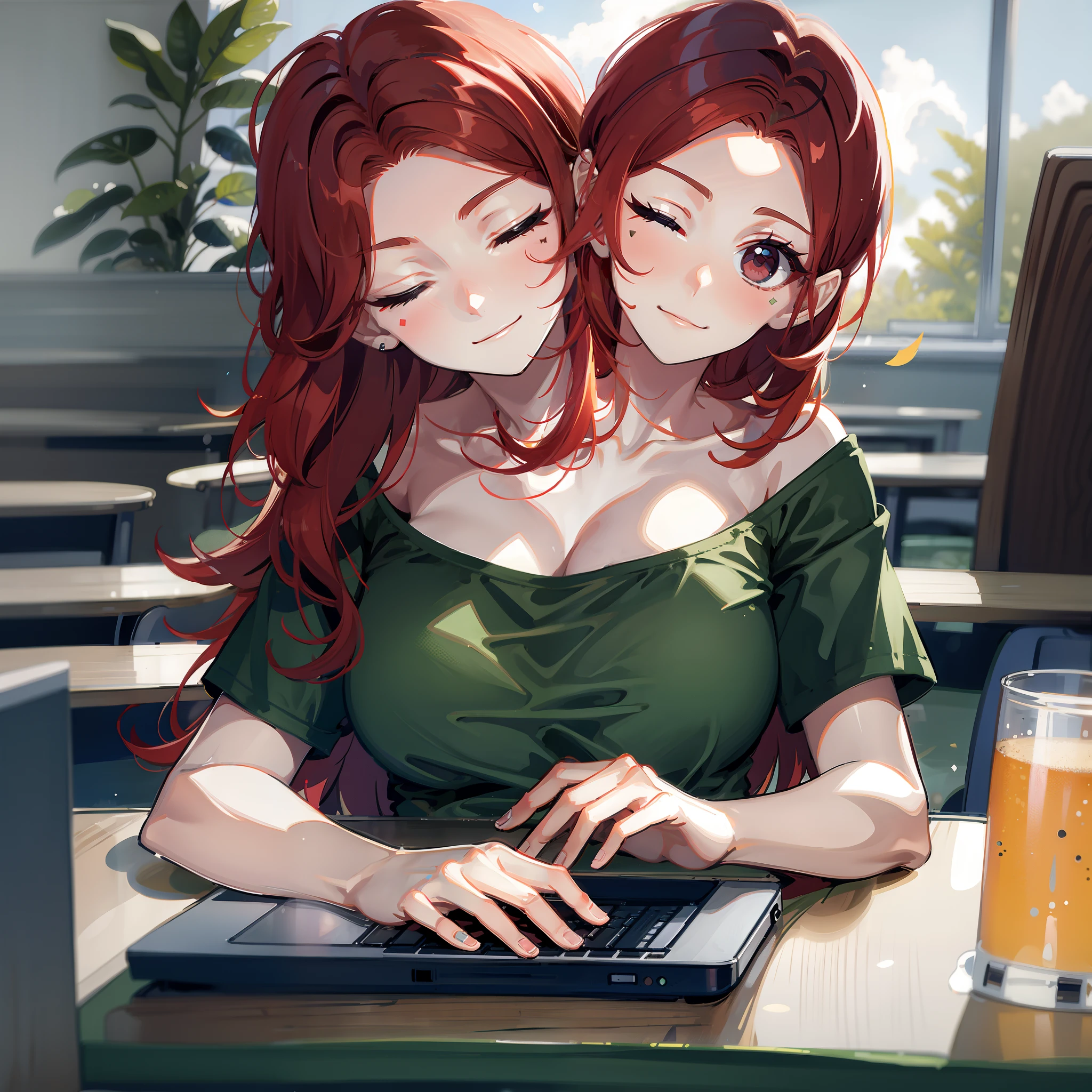 (2heads:1.5), 1girl, red hair, brown eyes, different facial expressions, one eye open, one eye closed, bored, sleepy, tired, green t-shirt, sitting at a table with a laptop, library