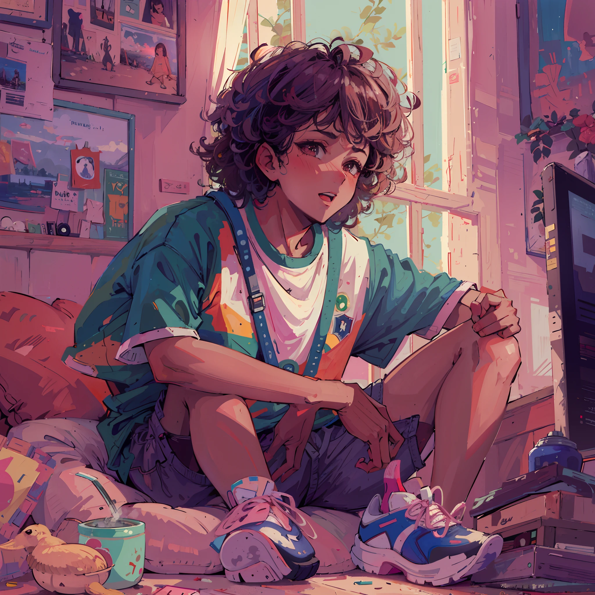 (brazilian boy,curly hair,brown skin),(2002 Brazil shirt),(dark blue taqtel shorts),(sitting on the messy bed),(window),(sunny day),(white painted wall),(low shot),(small smart TV),(ultra-detailed),(vivid colors),PlayStation 2 on the shelf, boy looks entertained, lofi art style, lofi aesthetic, Atey Ghanian, epic Lofi Wallpaper, concept Lofi art, digital illustration, hyper maximalist, (best quality,4k,8k,highres,masterpiece:1.2), ultra-detailed, UHD,, sharp focus, bokeh, portraits, landscape, warm color tone, soft lighting.