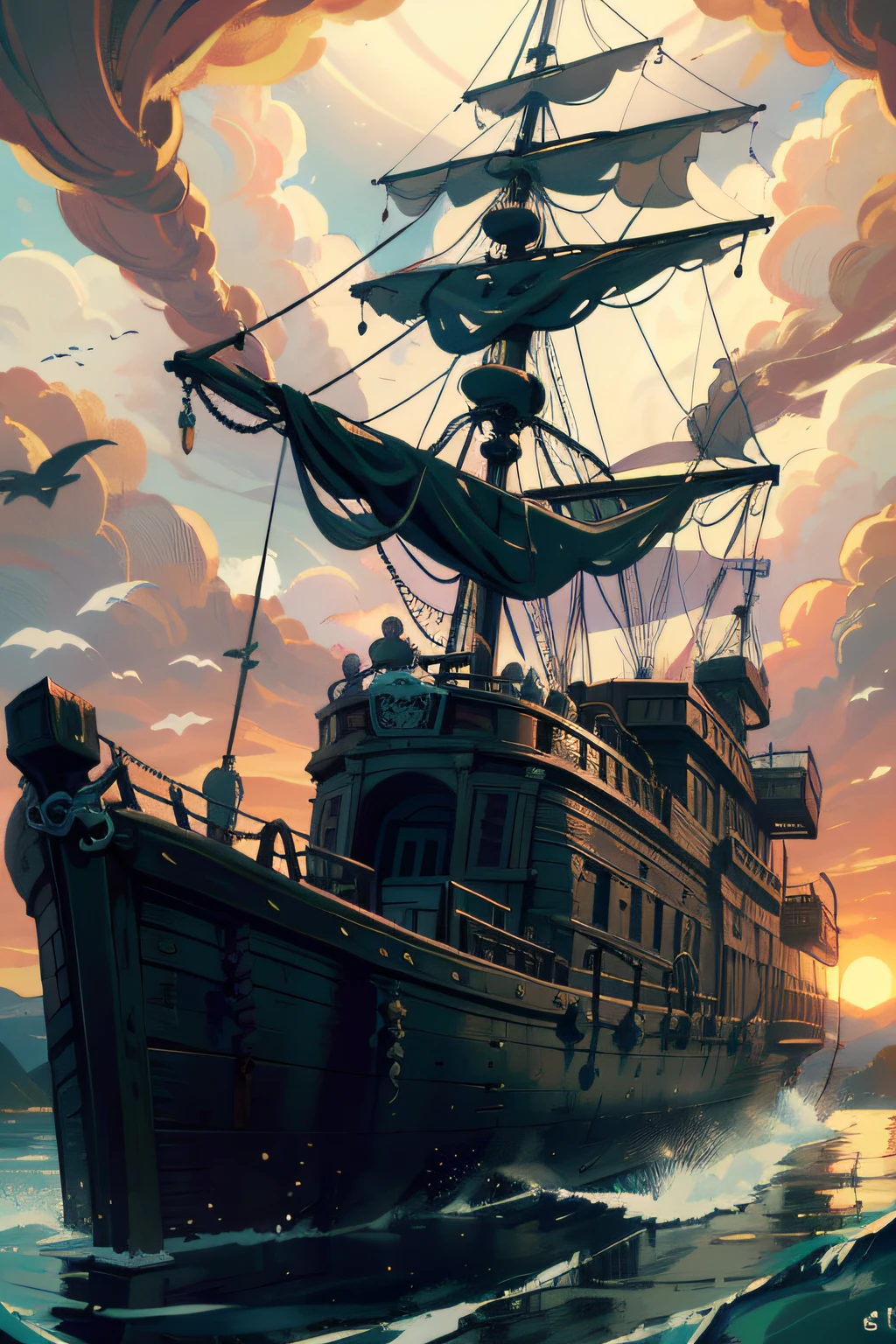 alta resolução, (arte oficial, bonito e estético: 1.5) homem, Roupa pirata ,barco no mar , Efeito de Luz, sol, super detalhado