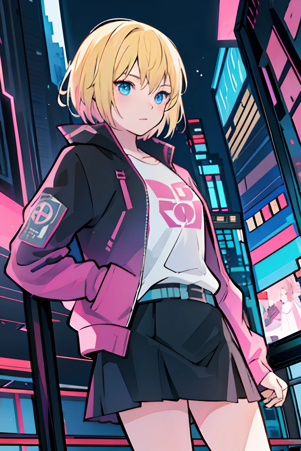 solo, 1girl, (masterpiece), ((16 year old appearance)), Blonde hair, short hair, blue eyes anime girl, black and pink jacket, Black skirt, cyberpunk city,