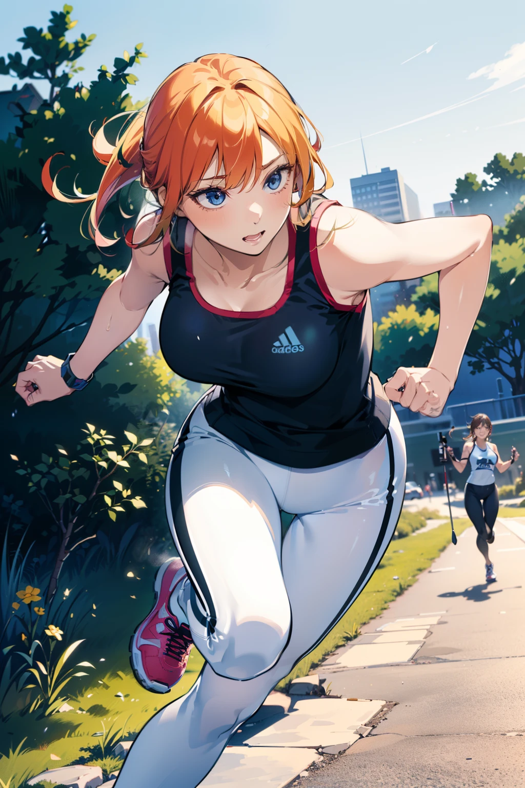 1 girl, (matured woman running field:1.3, trekking:1.2), wearing white sports leggings and sports tank tops, (fine detailed eyes, super detailed face), (ultra high resolution, 8K RAW photo, super realistics, textile shading), outdoor, ((correct anatomy:1.37)), center image, front view, dynamic angle, from below,