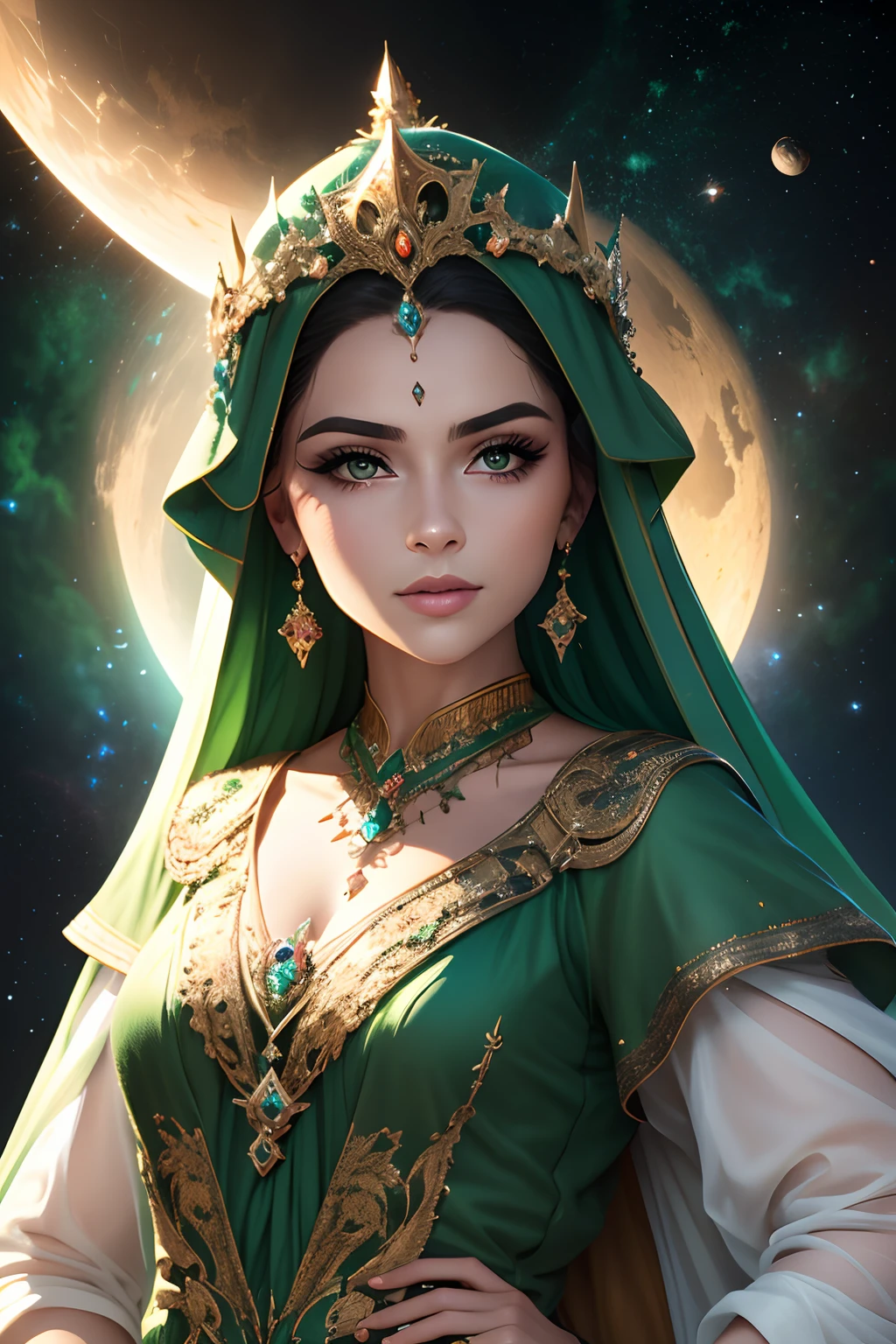 Königin mit einer Krone aus grünen Steinen und Juwelen. MYSTISCHES ERSCHEINUNGSBILD. Planetenhintergrund, Weltraum, Universum