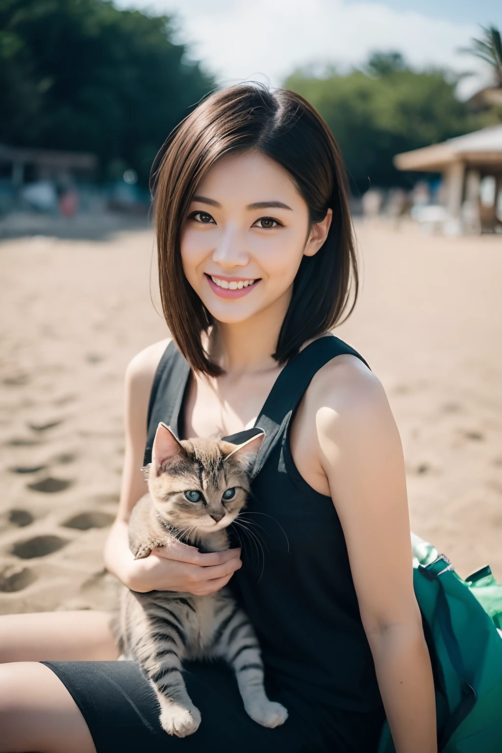 日本熟女 素敵な丸顔、かなり元気な笑顔、、子猫を胸にそっと抱き寄せます、膝の上に座る子猫、肩紐のない胸元の開いた服、カーゴパンツ、光沢のある