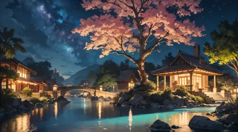 (at night), Masterpiece, best quality, (very detailed CG unified wallpaper 8k) (best quality), (best illustration), (best shadow) Vivid colors, jungle, water, natural beauty, oasis of tranquility, cherry blossoms, super detailed, antique porcelain, jade, s...