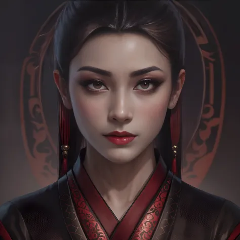 There's a gothic vampire woman, com um vestido vermelho e cabelo preto, Detailed face of an Asian vampire girl, Retrato de Mulan, stunning digital illustration, Portrait of a beautiful demonic geisha, Retrato da gueixa, retrato impressionante do rosto do a...