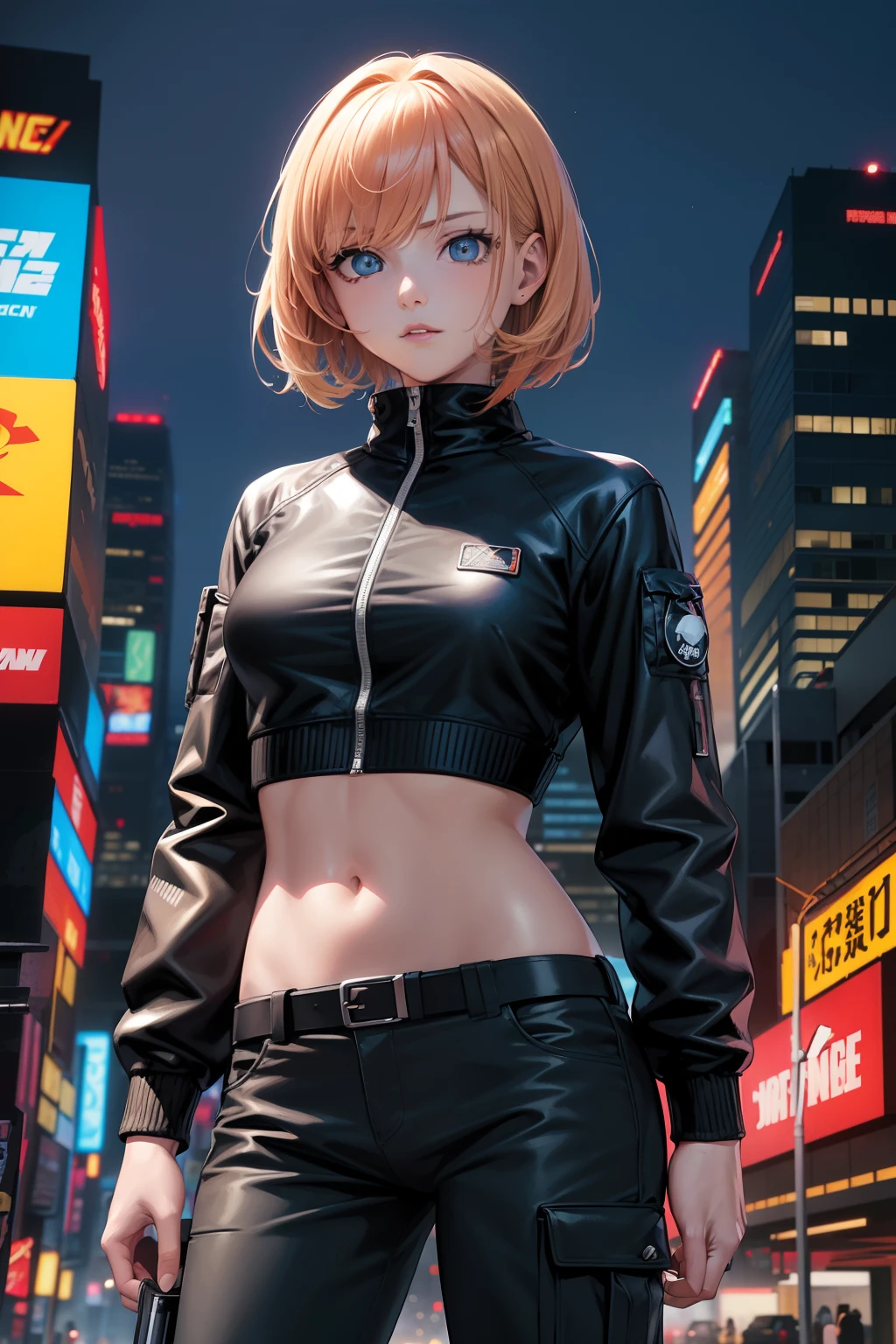 dynamicposes、(comic book style),(linear art_Anime),(masutepiece_Best Quality),(Cowboy Shot),Beautiful fece, (​masterpiece:1.2), (top-quality:1.2), perfect  eyes, face perfect, Perfect litthing, girl with、(jaket_Cargo pants),Background of Cyberpunk City、the complex background、