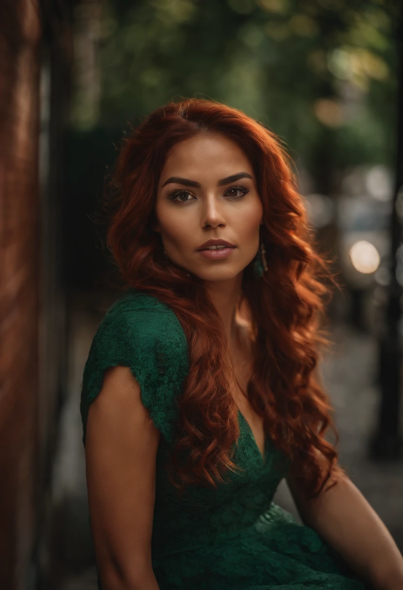 A close up of a woman with red hair sitting on a bench - SeaArt AI