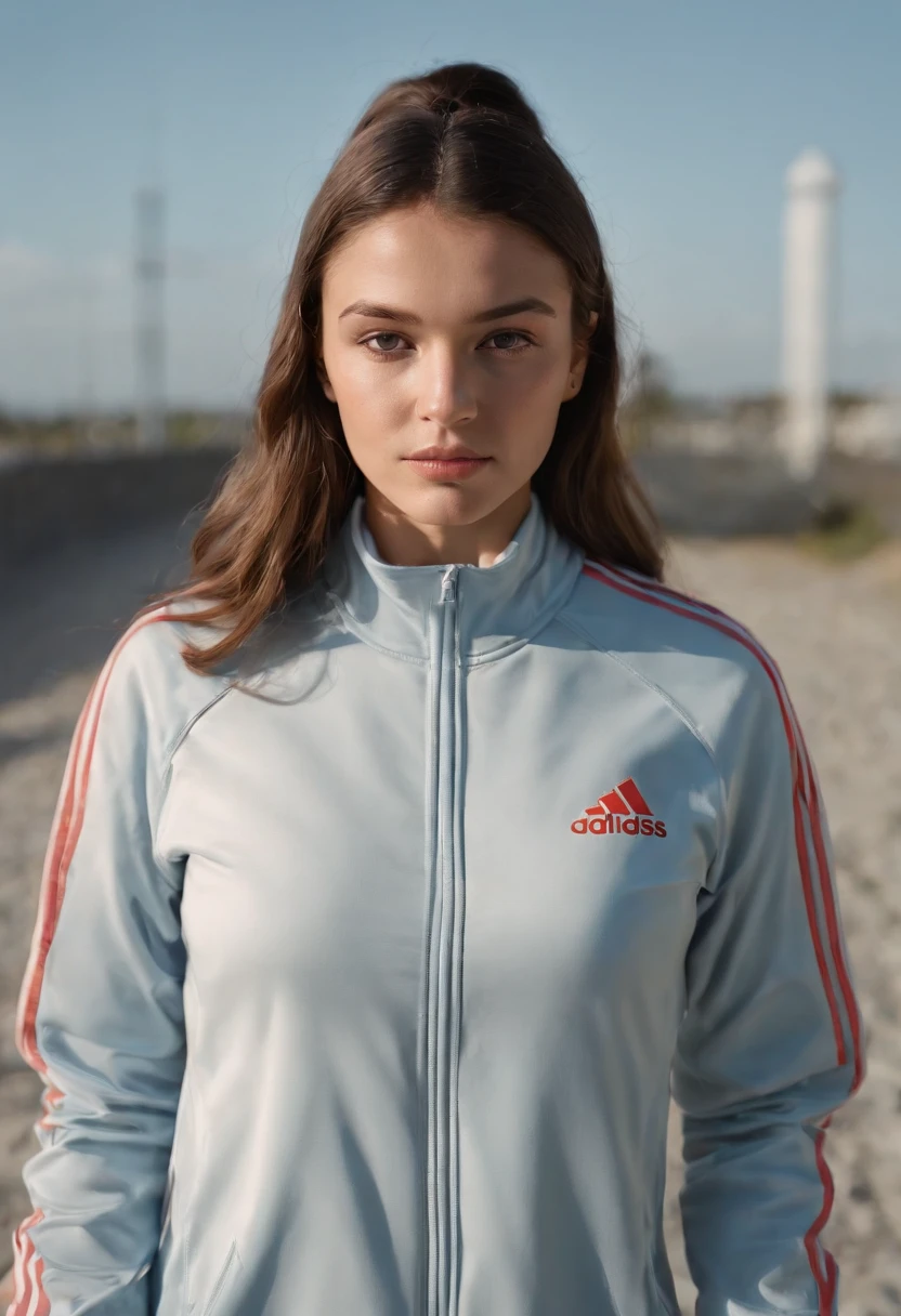 A woman standing on a beach wearing a blue jacket and red stripes SeaArt AI