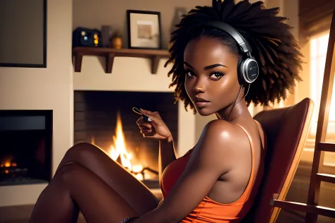 retro dark skin female, sitting by the fireplace,with earphone on,listing to music,wearing earphones