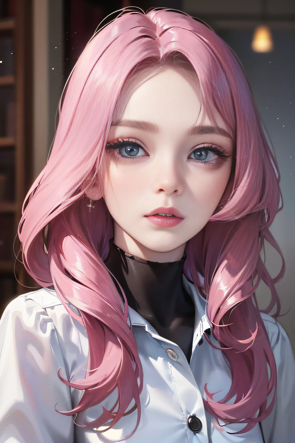 6-person dormitory, indoor environment, girl, delicate facial features, reddish face, official art, masterpiece, sharp focus, (beautiful gorgeous cute Korean woman: 1.3), (beautiful cute Korean: 1.3), Korean beauty, delicate beautiful hair and eyes and face, realistic, super detailed, beautiful girl, glowing white particles, (sidelighting: 1.2), foggy sky, slender, cute, brow furrowed, long straight hair, sexy facial expression, dynamic hair, Long straight hair, fine platinum-pink hair, glowing blue eyes, (blue pleated shirt + white skirt), white stockings, pale skin, hair accessories, , woman is tall ,