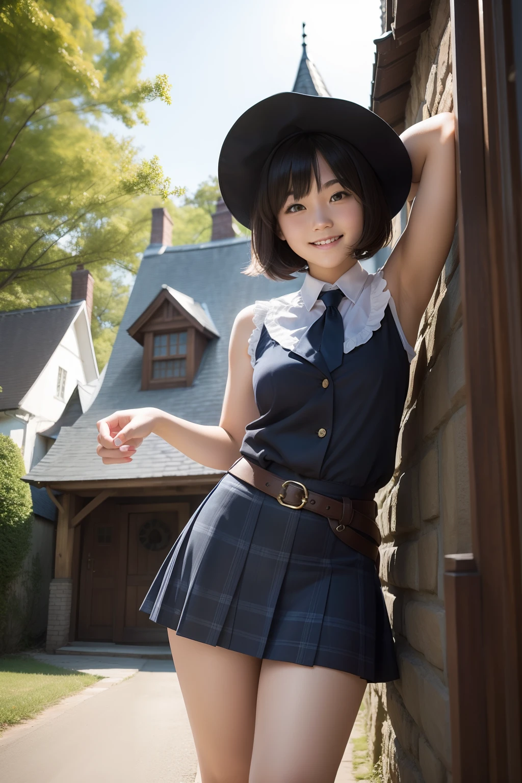 High school girl dressed as a wizard, a miniskirt, sleeveless, Semi-short-cut hair, Curled hair, Lovely smile, Pose in front of the witch's house, sideways, from below