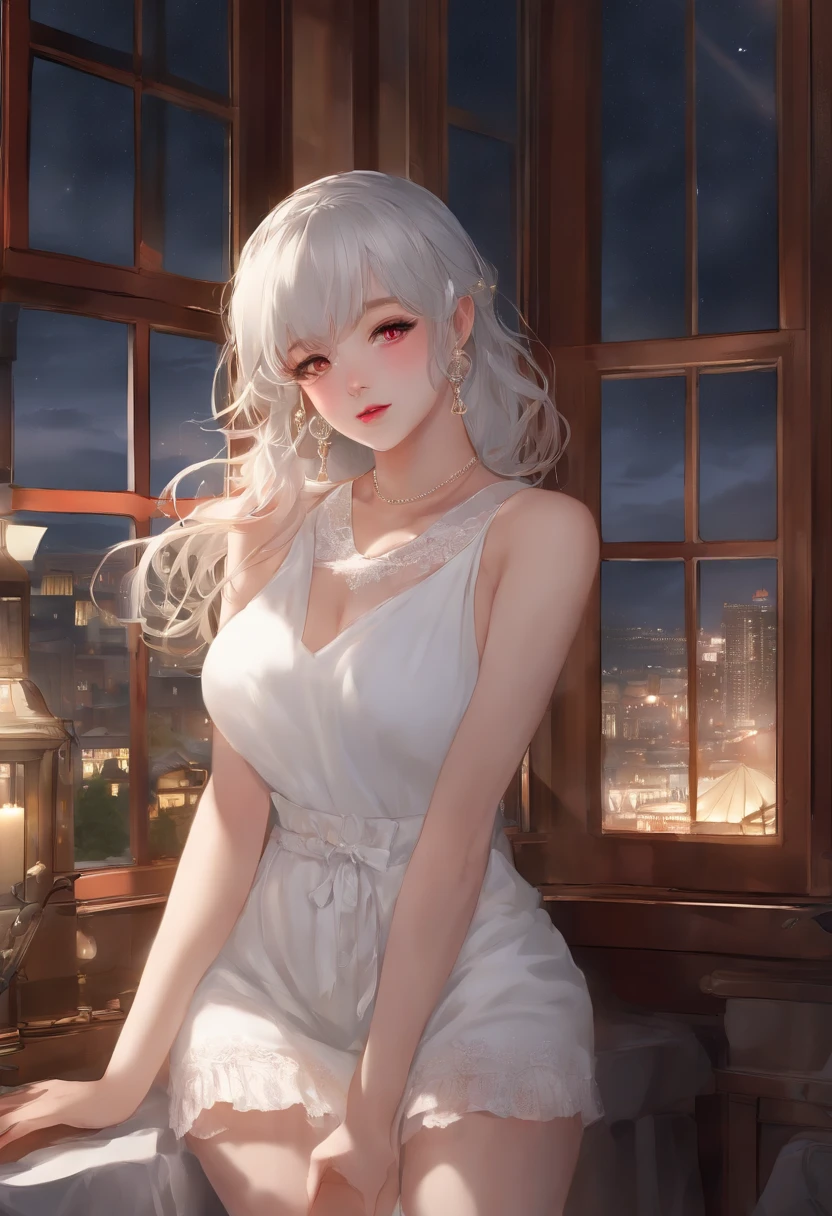 NSFW、​masterpiece、Top image quality、high detailing、Detailed beautiful face and eyes、abajour、window、(nighttime scene:1.5)、nighttime scene、(Longhaire:1.2)、(red eyes:1.2)、Delicate interior design、Light blue striped panties、length hair、(White Thigh Socks:1.2)、1girl in、(White hair)、(length hair:1.2)、red blush、(a beauty girl)、huge-breasted、(Proud face:1.2)、full-face blush, (embarrassed:1.2)、(White Sleeveless Sweater:1.2)、(armsbehind back:1.4)、(The whole body is reflected:1.3)、(Blunt bangs:1.2)、Big buttocks、thick thight、、(Navel Ejection:1.3)