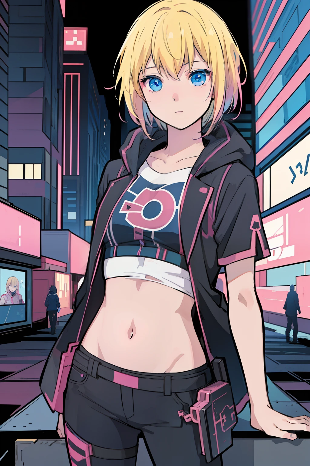 solo, 1girl, (masterpiece), ((16 year old appearance)), Blonde hair, blue eyes, anime girl, Dark pink suéter, Black pants, cyberpunk city,