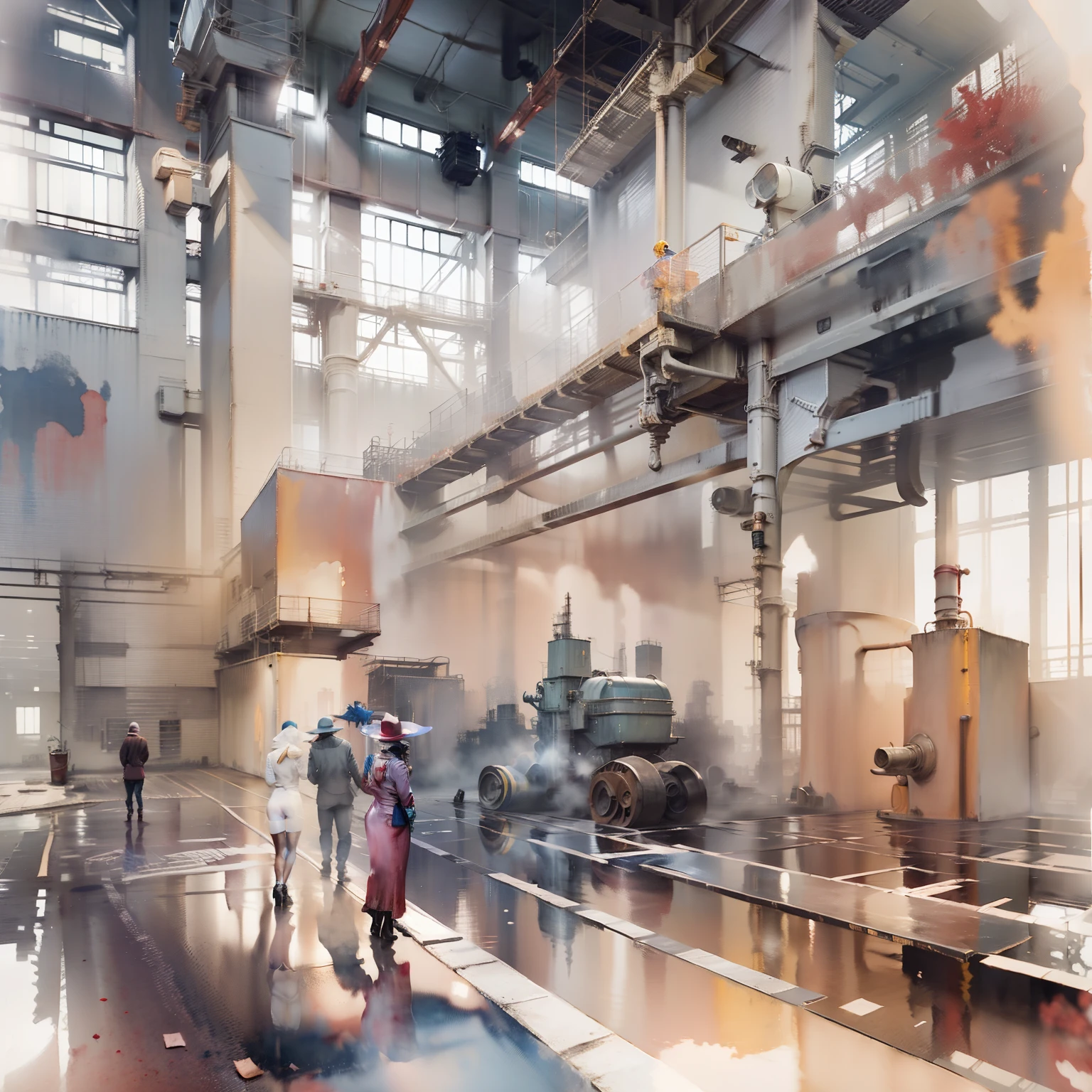 (WaterColor style, The art of spectroscopy) +  Large modern industrial plant+ Costume back (Vistas) + (bach + subtle reflections) + (blend + spatter) + (The light and shadow are clear + Swaying dynamics)