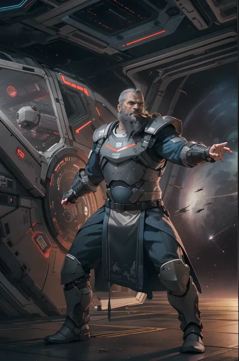 modelshoot of middle aged black bearded viking, scifi battle armour, fighting pose, futuristic background, highly detailed, spaceships in background.