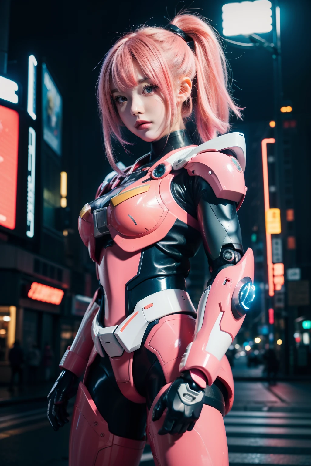 1girl， （Super：1.2）， RAW photos， （realisticlying：1.37， realisticlying）， HD CG unified 8K wallpaper， （（straight from the front）））， （Head office skin： 1.8， Glow skin）， 8K UHD， digital SLR camera， gentle illumination， high high quality, ((shiny gundam armor)), (mecha girl), neon style, pink hair, akihabara background, ((super detail)), (cinematic quality), dynamic pos