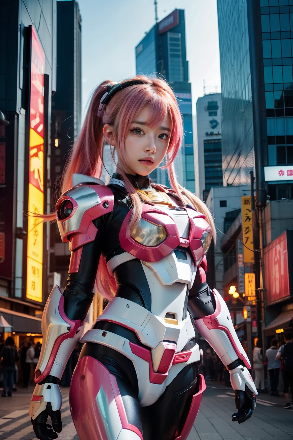 1girl， （Super：1.2）， RAW photos， （realisticlying：1.37， realisticlying）， HD CG unified 8K wallpaper， （（straight from the front）））， （Head office skin： 1.8， Glow skin）， 8K UHD， digital SLR camera， gentle illumination， high high quality, ((shiny gundam armor)), (mecha girl), neon style, pink hair, akihabara background, ((super detail)), (cinematic quality)