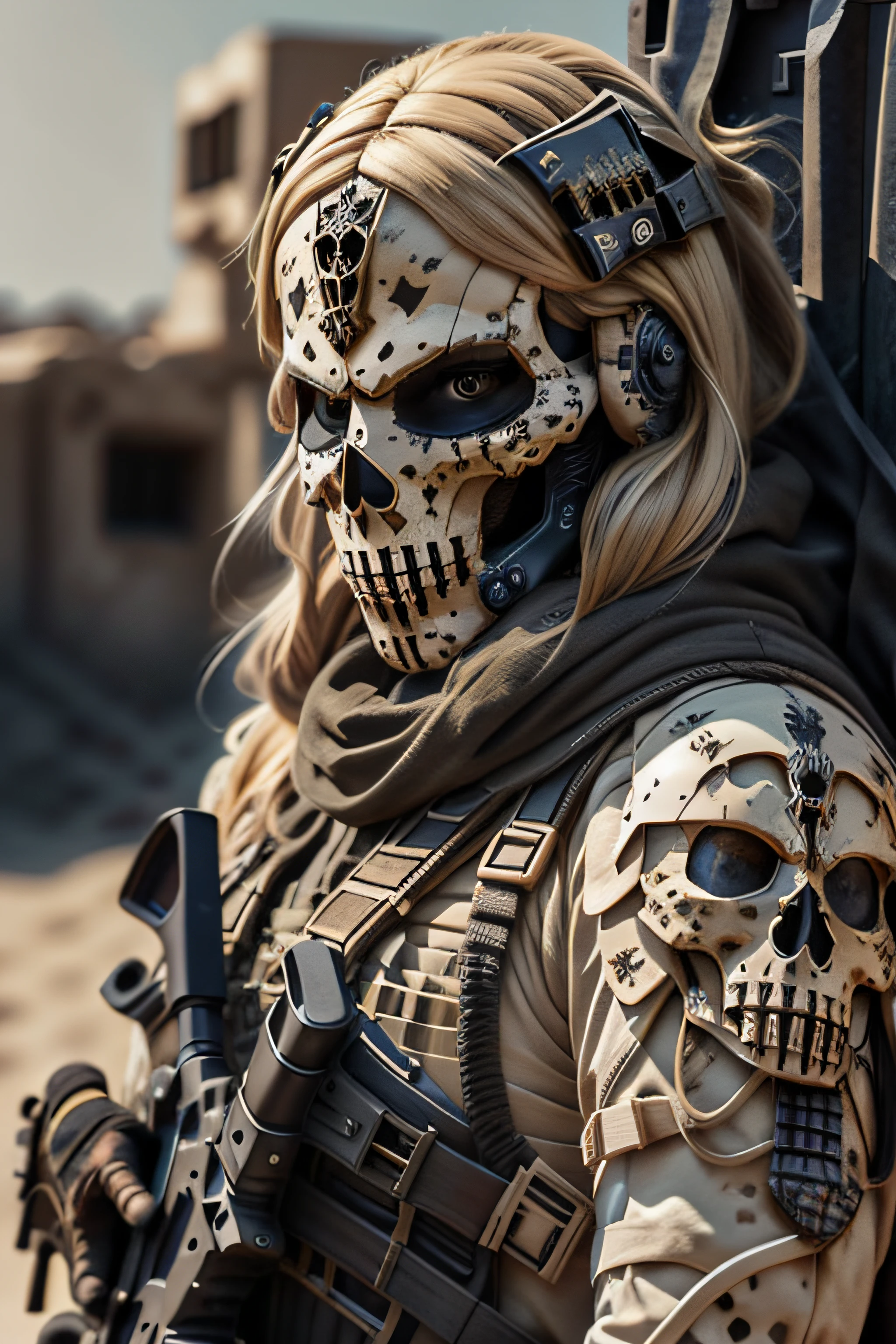 Barbie rubia, lindo, femenino, máscara de calavera, armadura, ejército, sosteniendo arma, El escuadrón de la muerte