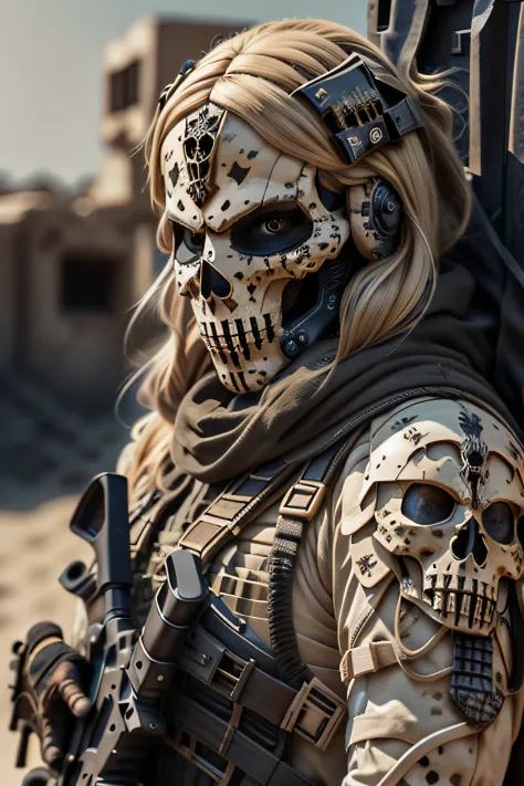 blonde barbie, cute, girly, skull mask, armor, army, holding weapon, thedeathsquad