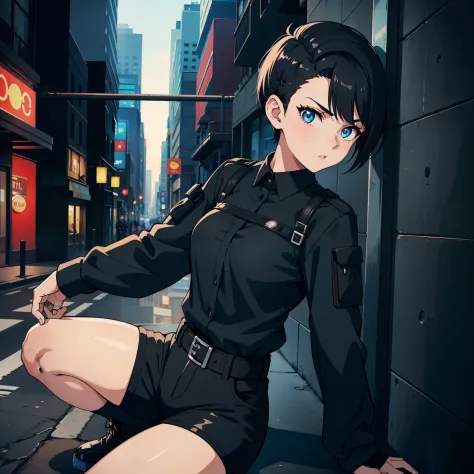 Girl with black hair shaved on the sides, blue eyes, black tactical shirt, black shorts, in a city at night. Shaved on the sides
