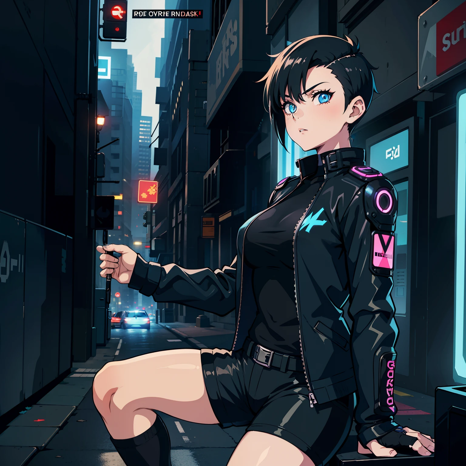 Fille aux cheveux noirs rasés sur les côtés, yeux bleus, chemise tactique noire, Shorts noirs, dans une ville cyberpunk la nuit. Dégradés sur les côtés