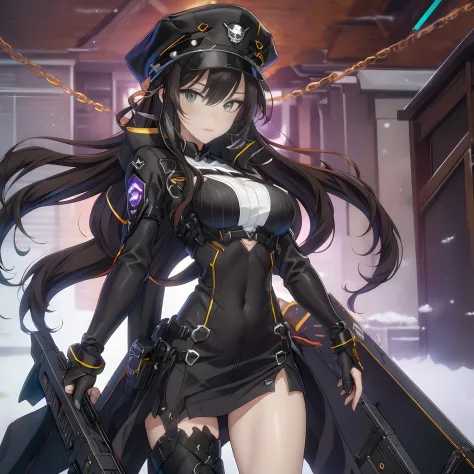 The alone young long waist brown tie hair woman as the lone character, yellow ribbon hair tie, left violet eye, right green eye, hetero eye, sitting on the bed , command room, high resolution, sci-fi battlefield , Hyper detail mature face, black jacket, bl...
