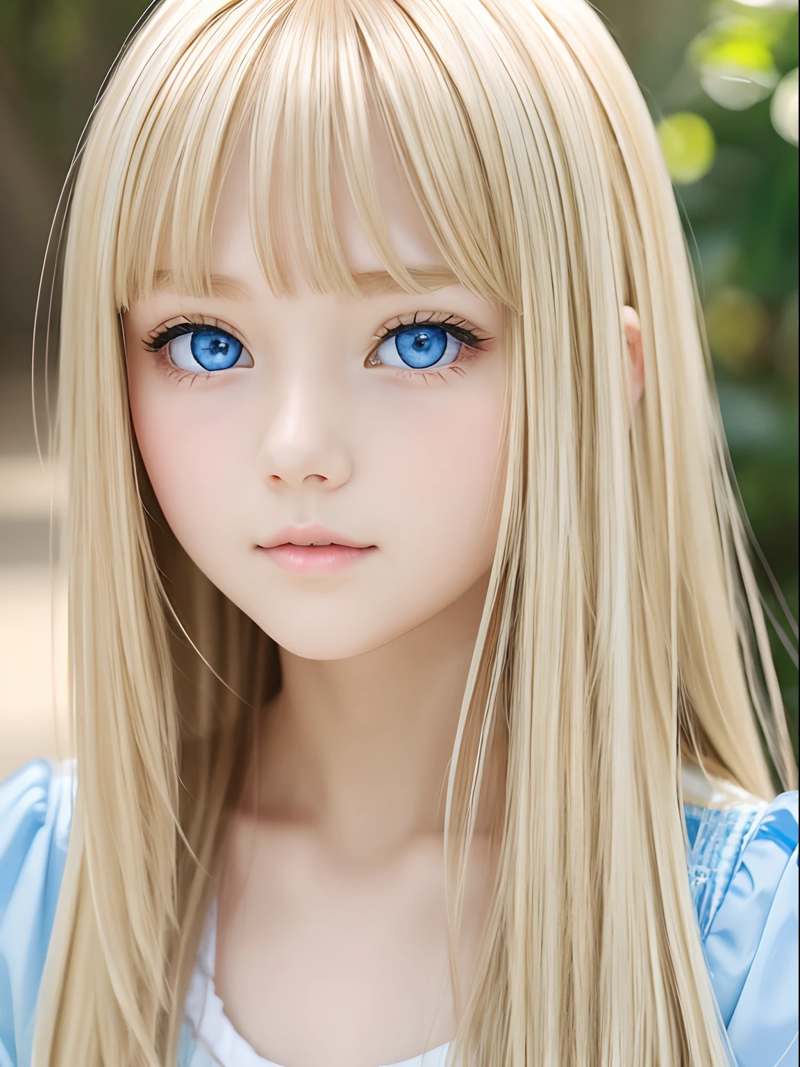 Bangs between the eyes of the eyes、Very beautiful young cute blonde super long hair、Beautiful big pale blue eyes that shine、1 beautiful girl、fair and shiny skin、