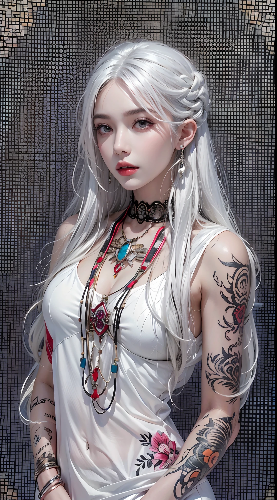 high resolution, 1 woman, hips up, Long hair, jewelry, tattoo, white hair, fashion wear