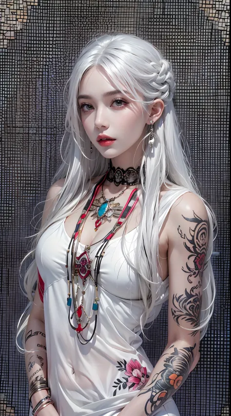 high resolution, 1 woman, hips up, long hair, jewelry, tattoo, white hair, fashion wear