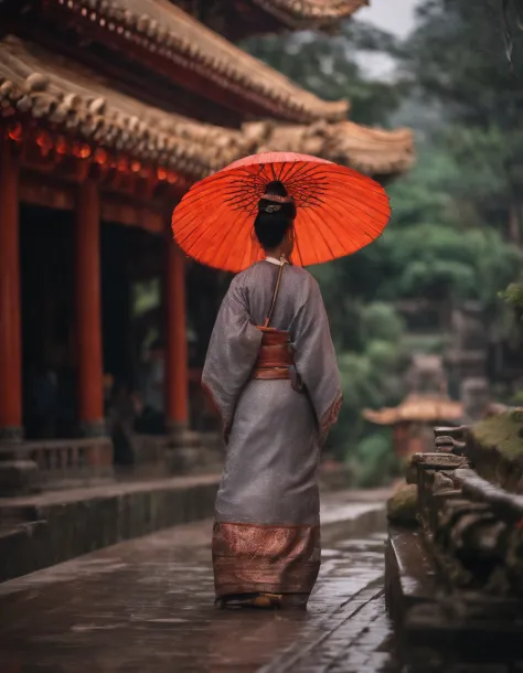 Girl wearing a Hanfu umbrella，Behind her is the temple，Walking alone in heavy rain，In the distance are mountains and waterfalls，tmasterpiece，Masterpiece，rich details​，4D movie textures
