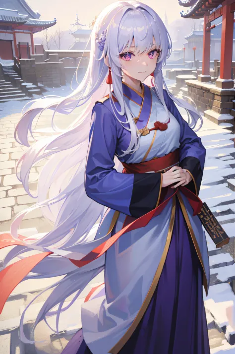1woman, soldier, medium long white hair, straight hair, bangs, headlocks, red eyes, expressive eyes, smiling expression, wearing blue hanfu with purple markings, (hanfu), snowing, ancient chinese city, portrait, stone paths, noon, absurdres, high res, ultr...