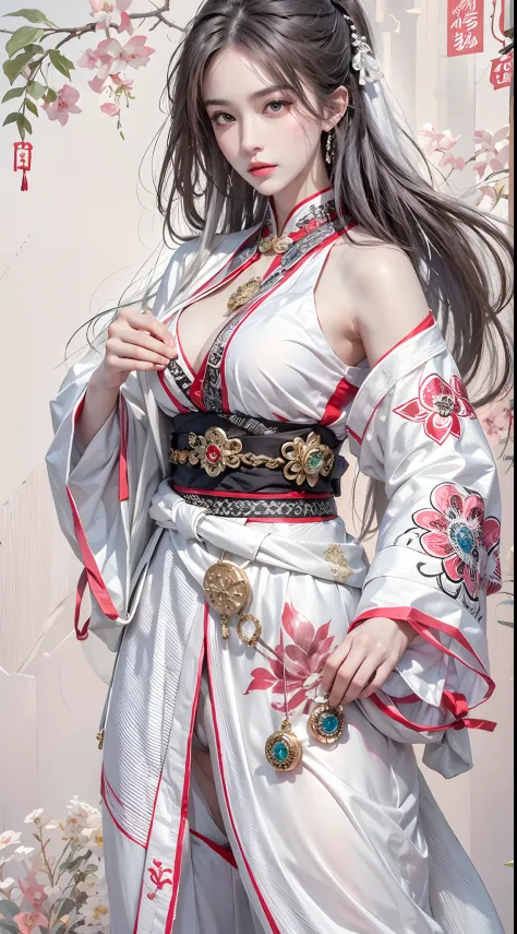 high resolution, 1 woman, hips up, Long hair, jewelry, tattoo, white hair, kungfu wear