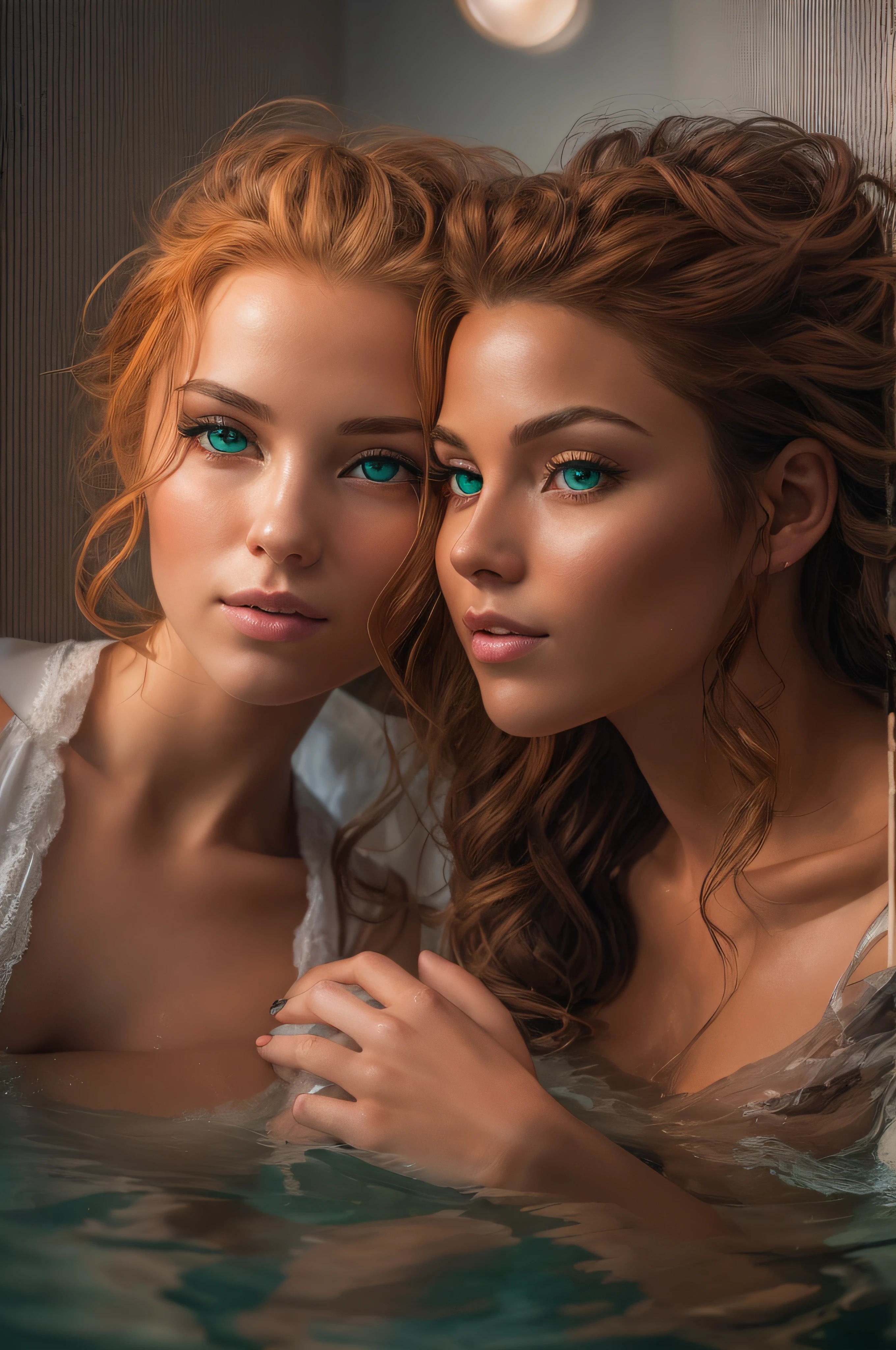 Two beautiful women in a bathtub with blue eyes - SeaArt AI