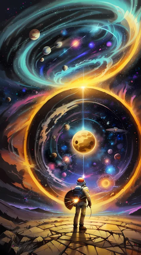 person, standing in front of a space portal overlooking the sun, Cyril Rolando and Goro Fujita, A portal to another universe, in...