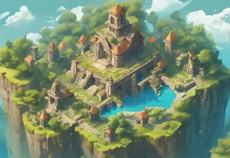 floating island, Decaying ruined cities and land in the sky, where once a prosperous city was formed, but the buildings made of stone and wood have decayed and are dominated by the life force of plants and trees. Ancient ruins, uninhabited, a paradise for ...