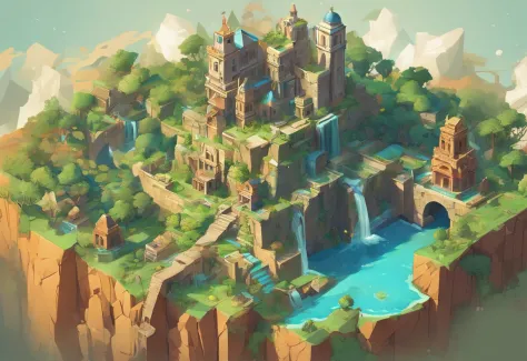 floating island, Decaying ruined cities and land in the sky, where once a prosperous city was formed, but the buildings made of stone and wood have decayed and are dominated by the life force of plants and trees. Collapsed and collapsed buildings, Ancient ...