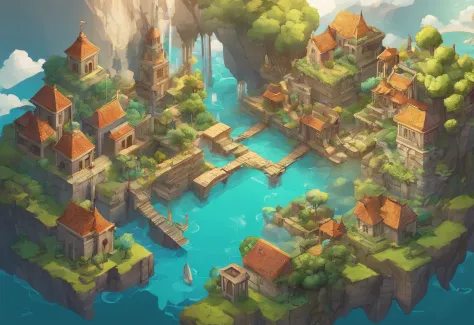 floating island, Decaying ruined cities and land in the sky, where once a prosperous city was formed, but the buildings made of stone and wood have decayed and are dominated by the life force of plants and trees. Collapsed and collapsed buildings, Ancient ...