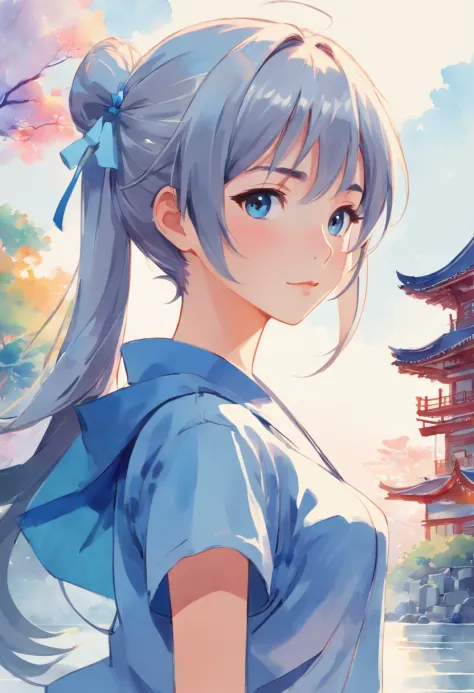 GHY WATERCOLOR FOR GIRLS, charming anime characters, Light silver and sky blue style, Chinese brushstrokes, Traditional oil painting techniques, Digital illustration, The girl wears a double ponytail, rich background