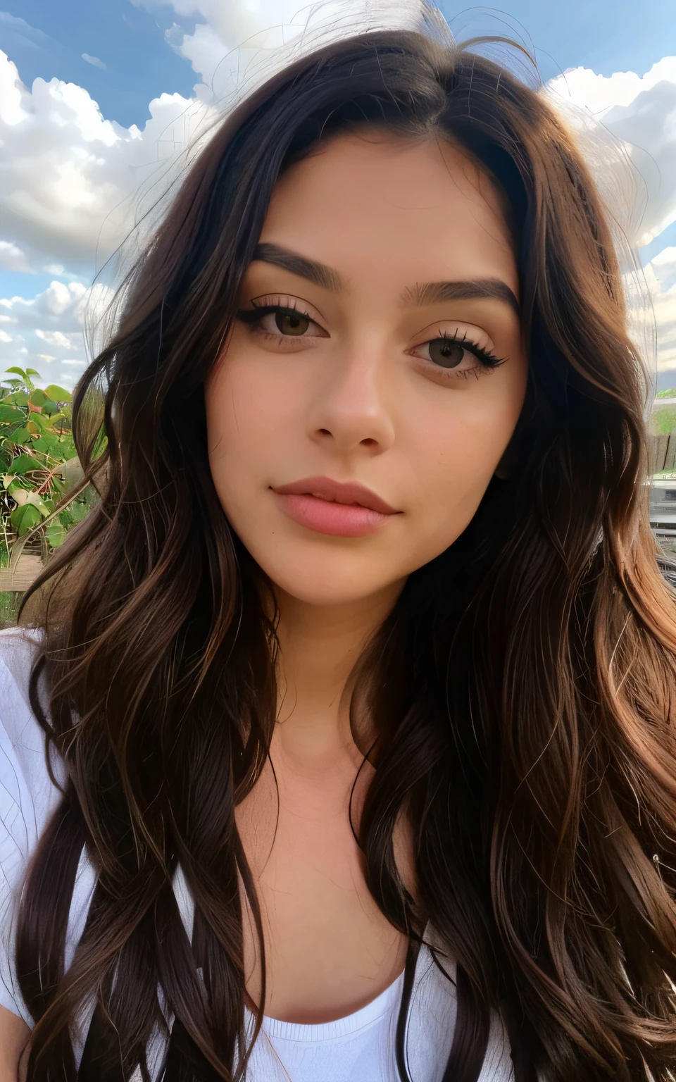 1 woman, wavy long hair, dark brown eyes, nature, plants, sky