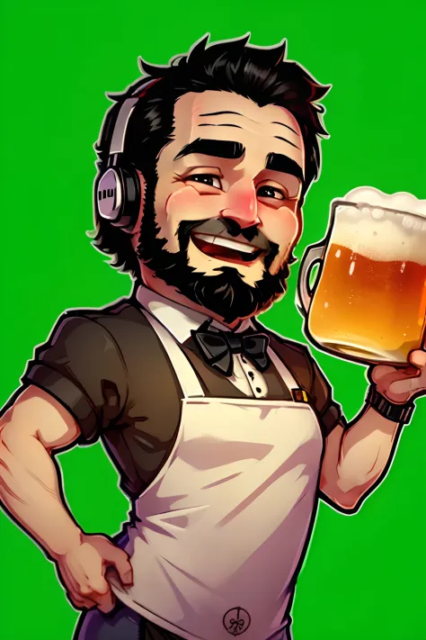 a stickers ,  man  who is a bartender. black short hair and beard  using a gaming headset. He has a friendly face and wears a bartender's uniform, complete with apron and bow tie, he holds a mug of frothy beer, represented with vibrant colors as laughing o...