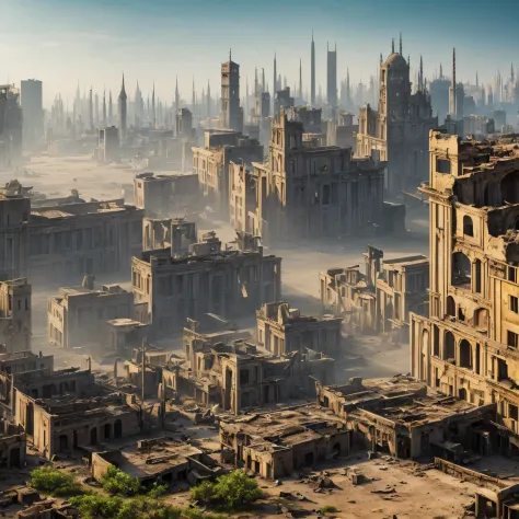 A pale yellow ruin，dense smoke，Damaged buildings，Wasteland，，hyper HD, Masterpiece, ccurate, Super detail, High details, Award-Awarded, A high resolution, Best quality, 8K