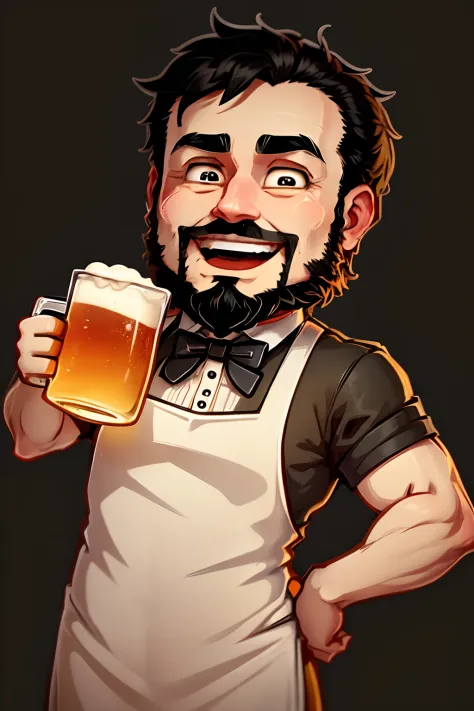 a stickers   man  who is a bartender. black short hair and beard . He has a friendly face and wears a bartender's uniform, complete with apron and bow tie. In one hand, he holds a mug of frothy beer, represented with vibrant colors as laughing out loud, bi...
