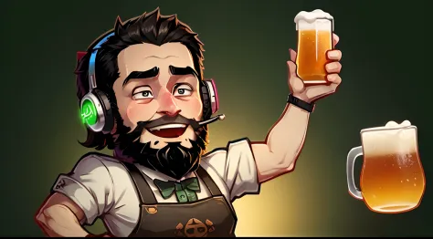 a stickers ,  man  who is a bartender. black short hair and full beard  using a gaming headset. He has a friendly face and wears a bartender's uniform, complete with apron and bow tie, he holds a mug of frothy beer, represented with vibrant colors as laugh...