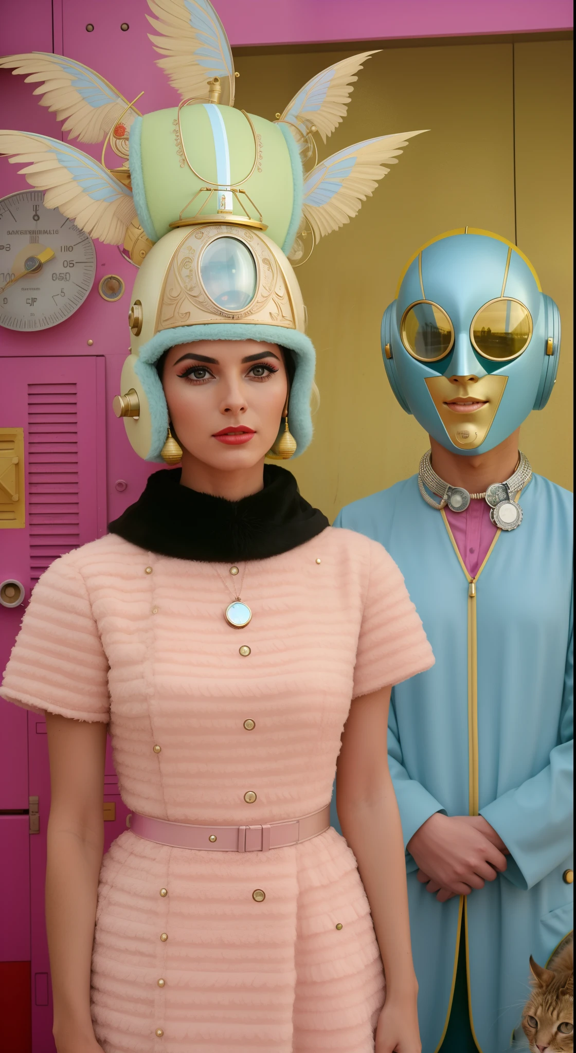 8k portrait of a 1960s science fiction film by Wes Anderson, Vogue anos 1960, pastels colors, There are people wearing futuristic animal masks and wearing extravagant retro fashion outfits and men and women wearing alien makeup and antique ornaments with mechanical pets in a park, Luz Natural, Psicodelia, futurista estranho, fotorrealista, hiper detalhado, foco nítido, Intrinsic, Fuji filmes 55mm,