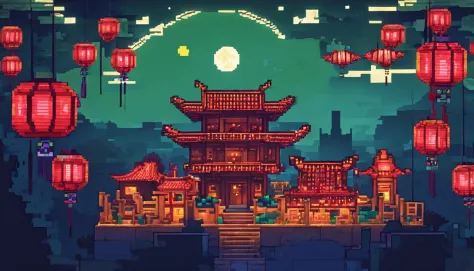 the night，Full moon in the sky，Ancient Chinese architecture，Lanterns are hung all over