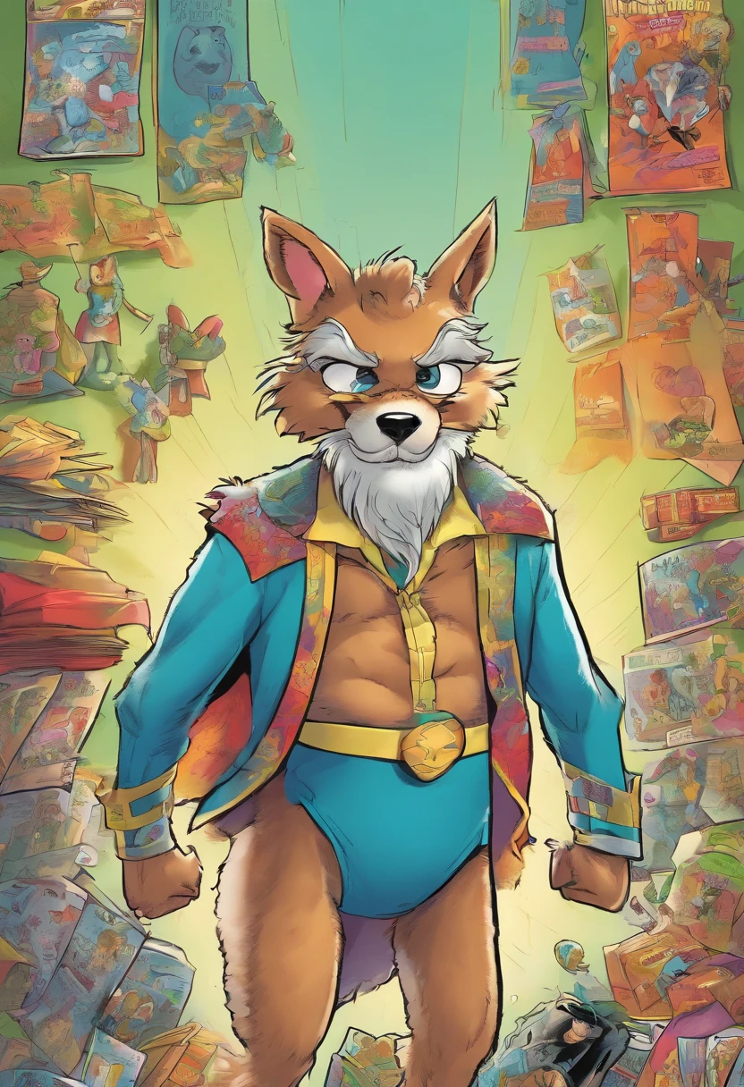 A cartoon fox in a suit and a backpack standing in a room full of books -  SeaArt AI