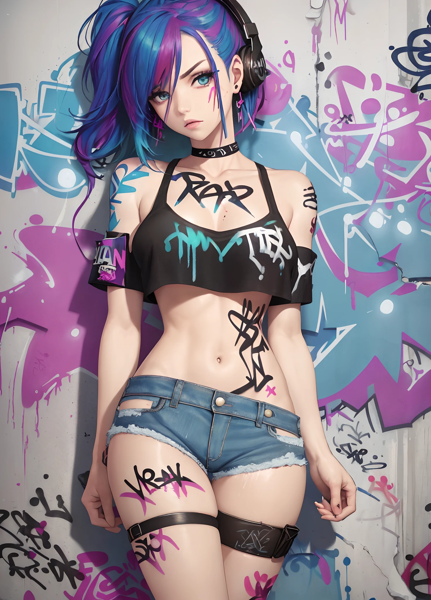 masterpiece, best quality, Beautiful female, 1woman, solo, crop top, denim shorts, choker, (graffiti:1.5), paint splatter, arms behind back, against wall, looking at viewer, armband, thigh strap, paint on body, head tilt, bored, multicolored hair, aqua eyes, headset,