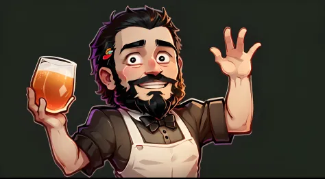 a stickers man who is a bartender. black short hair and beard . He has a friendly face and wears a bartender's uniform, complete with apron and bow tie. waving, represented with vibrant colors smile, big eyes and a welcoming appearance. chibbi anime style....