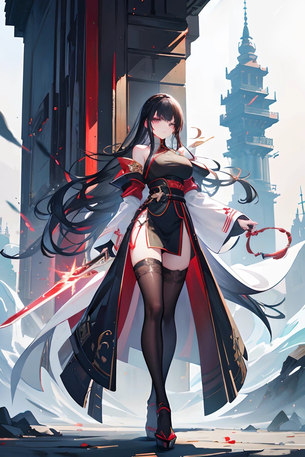 In front of a huge Chinese loft，Image of a female swordsman holding a sword and a large number of swords，seductiveexpression,Fitted white robe ,black lence stockings，A bunch of black hair，green-eyed,front poses，typhoon，salama，Thunder，Style Artgerm, Full body detail 4K，Dreamlike，and its detailed full-body detail 4K